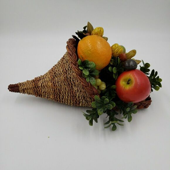 Vtg Cornucopia Basket FALL Centerpiece Horn of Plenty Fruit Nuts Thanksgiving - Picture 5 of 16